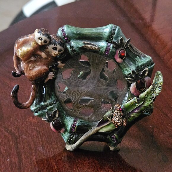 RARE JAY STRONGWATER MONKEY PAIR FROG BAMBOO FLORAL JUNGLE CRYSTAL ENAMEL FRAME - Picture 1 of 11